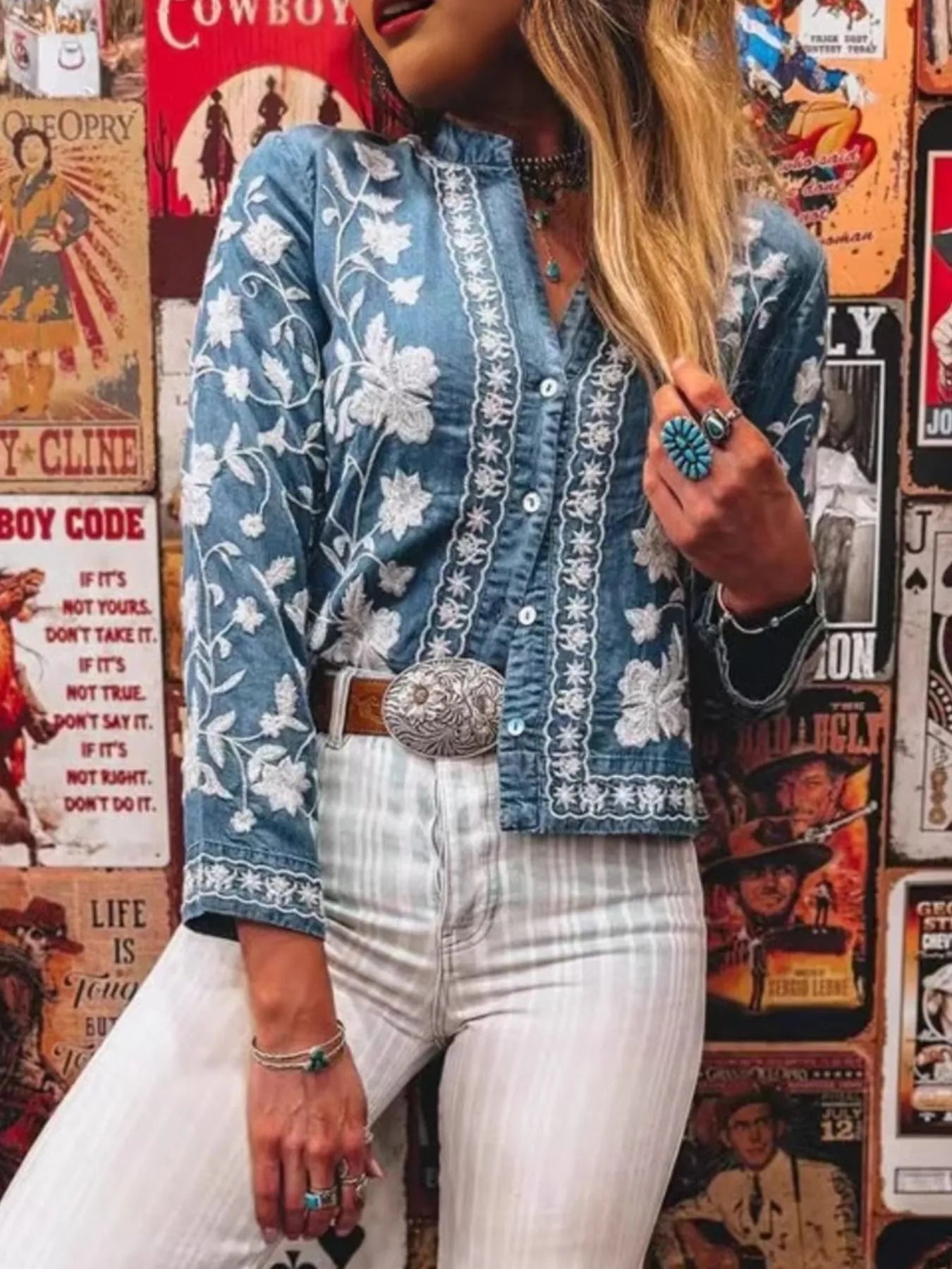 Blooming Blues Floral Embroidered Button Up Denim Shirt - Sorelle Gifts