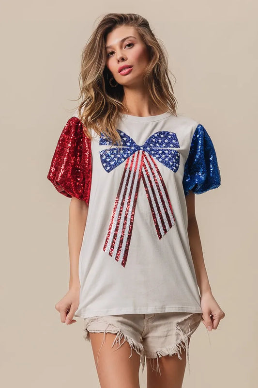 Sequined Stars and Stripes Bow Blouse - Sorelle Gifts
