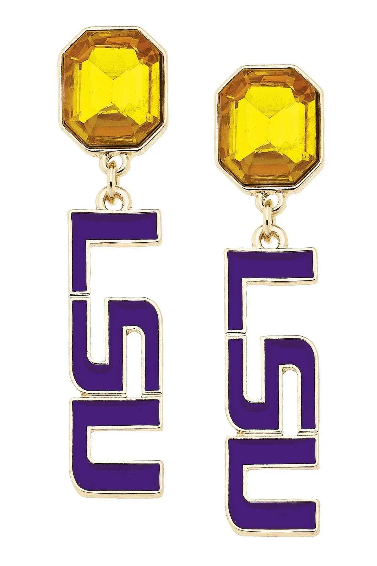 LSU Tigers Rhinestone Enamel Logo Earrings in Shiny Gold