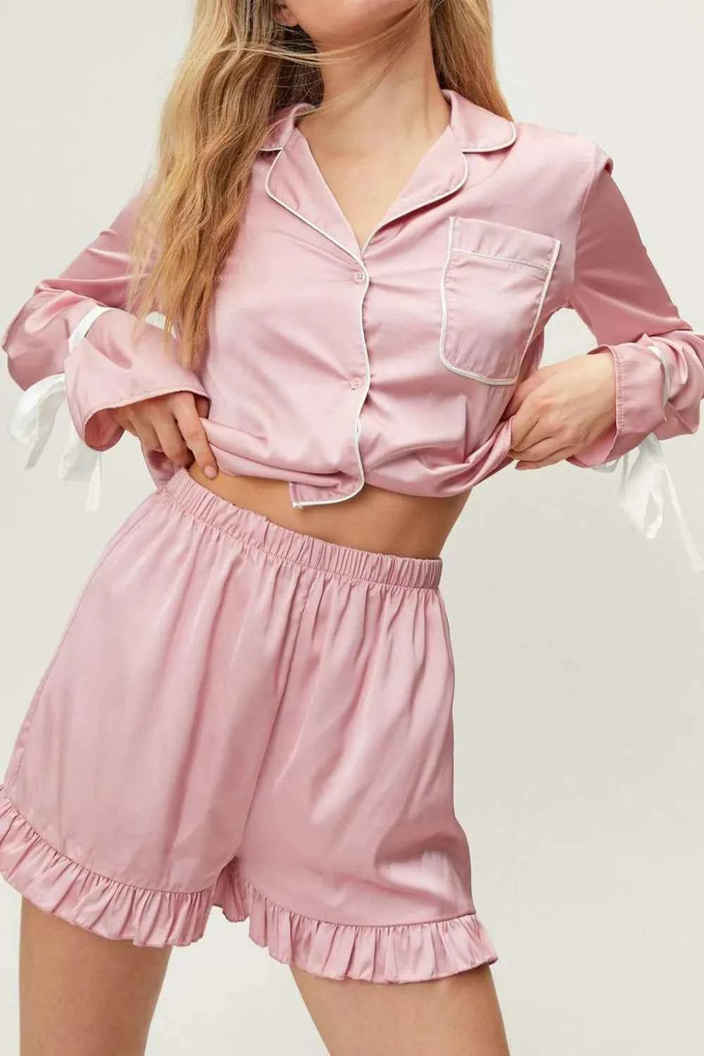 Tied Bow Cuff Collared Neck Top and Frill Shorts Lounge Set
