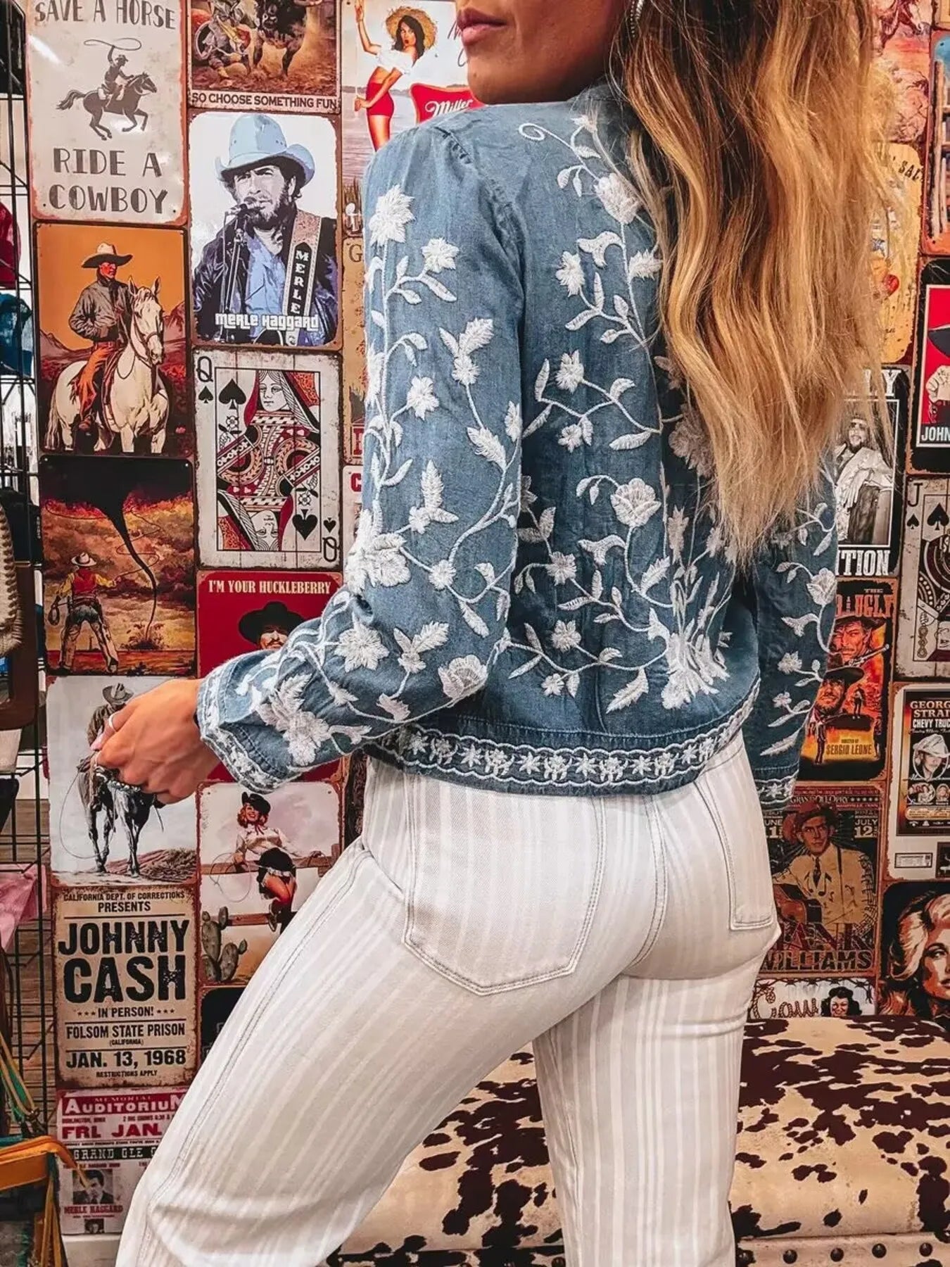 Blooming Blues Floral Embroidered Button Up Denim Shirt - Sorelle Gifts