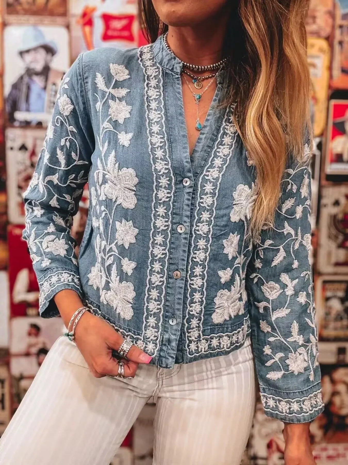 Blooming Blues Floral Embroidered Button Up Denim Shirt - Sorelle Gifts