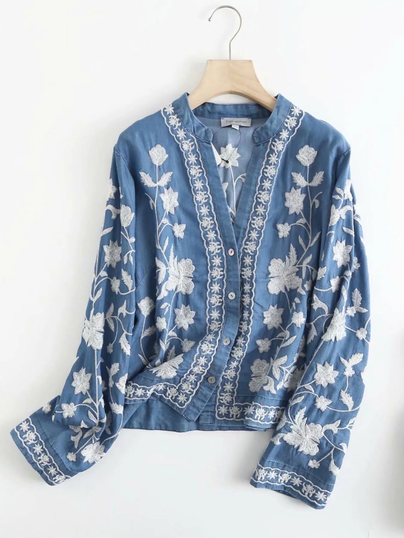 Blooming Blues Floral Embroidered Button Up Denim Shirt - Sorelle Gifts