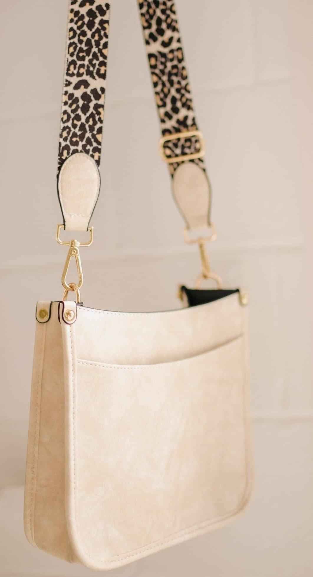 Beige Vegan Leather Crossbody Bag with Leopard Canvas Strap