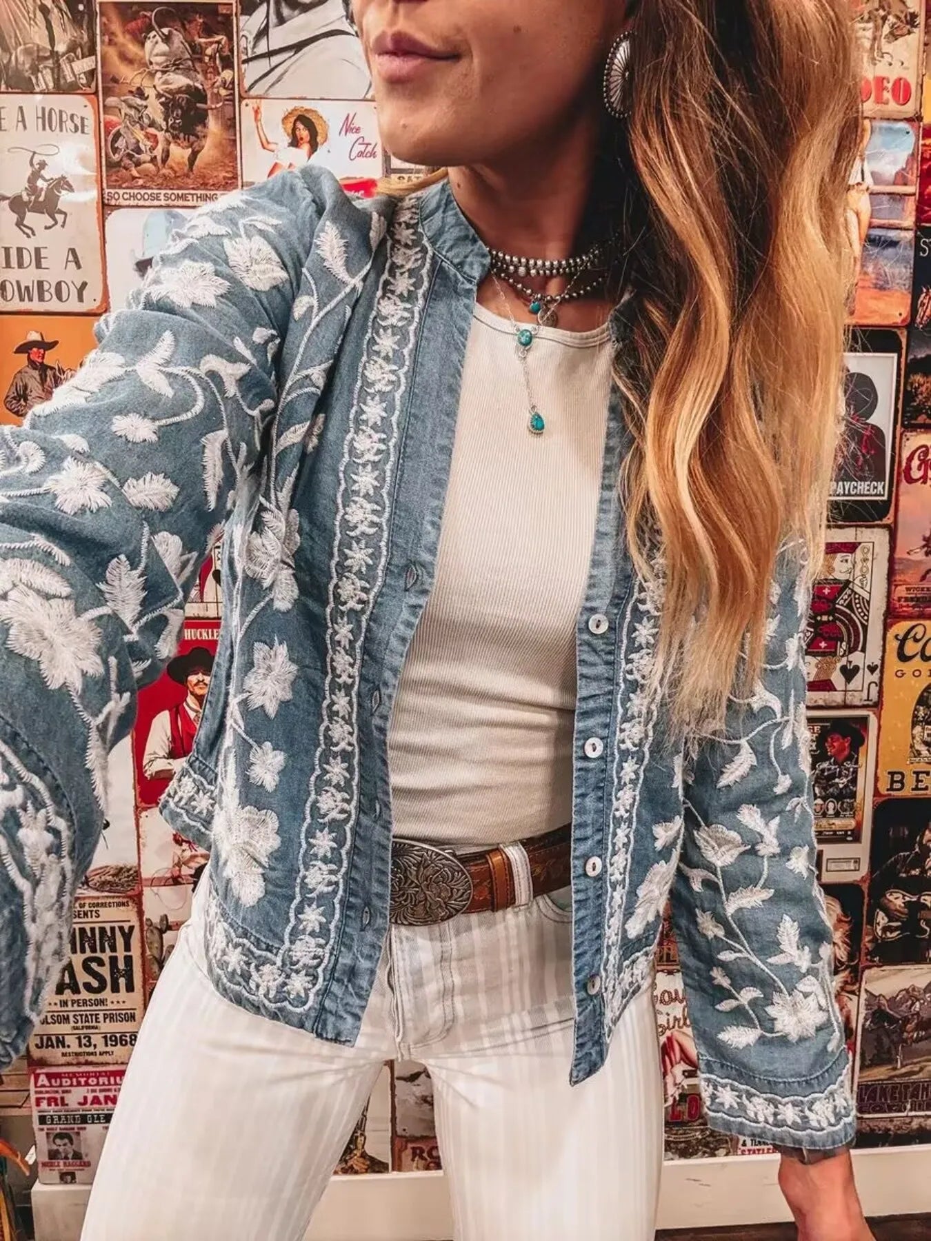 Blooming Blues Floral Embroidered Button Up Denim Shirt - Sorelle Gifts