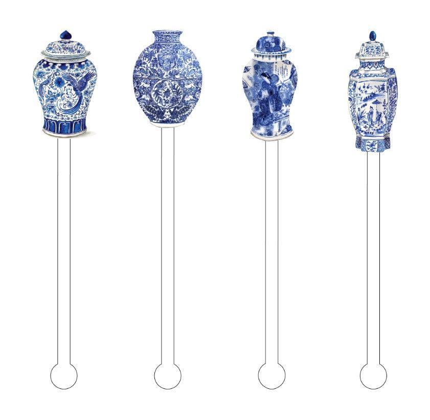 Blue & White Ginger Jars Acrylic Stir Sticks - Sorelle Gifts