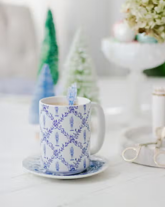 Grandmillennial Blue and White Nutcracker Trellis Watercolor Mug - Sorelle Gifts