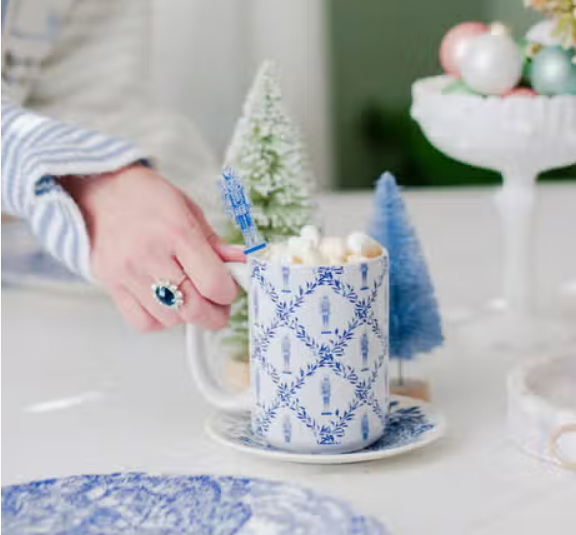 Grandmillennial Blue and White Nutcracker Trellis Watercolor Mug - Sorelle Gifts