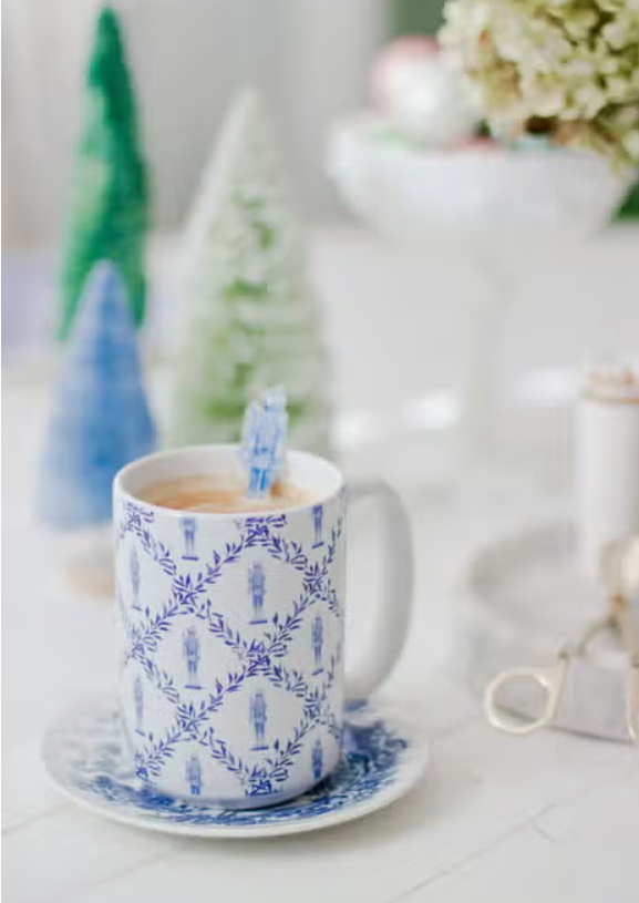 Grandmillennial Blue and White Nutcracker Trellis Watercolor Mug - Sorelle Gifts