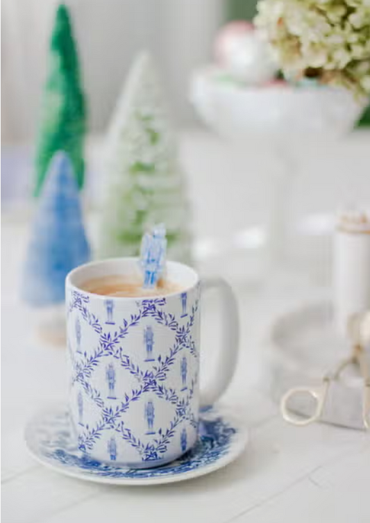 Grandmillennial Blue and White Nutcracker Trellis Watercolor Mug - Sorelle Gifts
