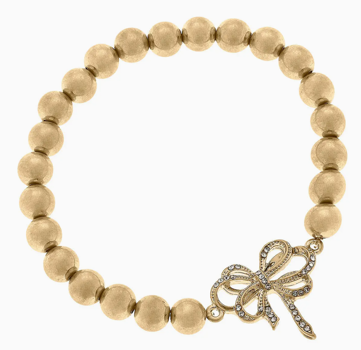 Gold Pavé Bow Ball Bead Stretch Bracelet - Elegant and Chic Accessory in Worn Gold