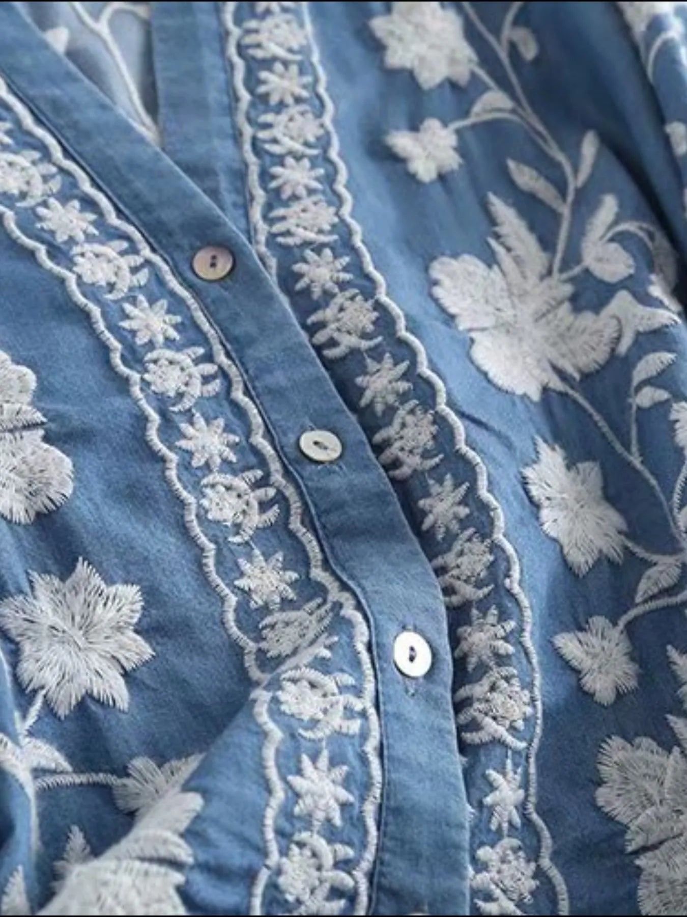 Blooming Blues Floral Embroidered Button Up Denim Shirt - Sorelle Gifts