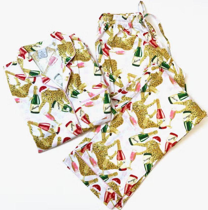Champagne Cheers Leopard Flannel PJ Pants Set