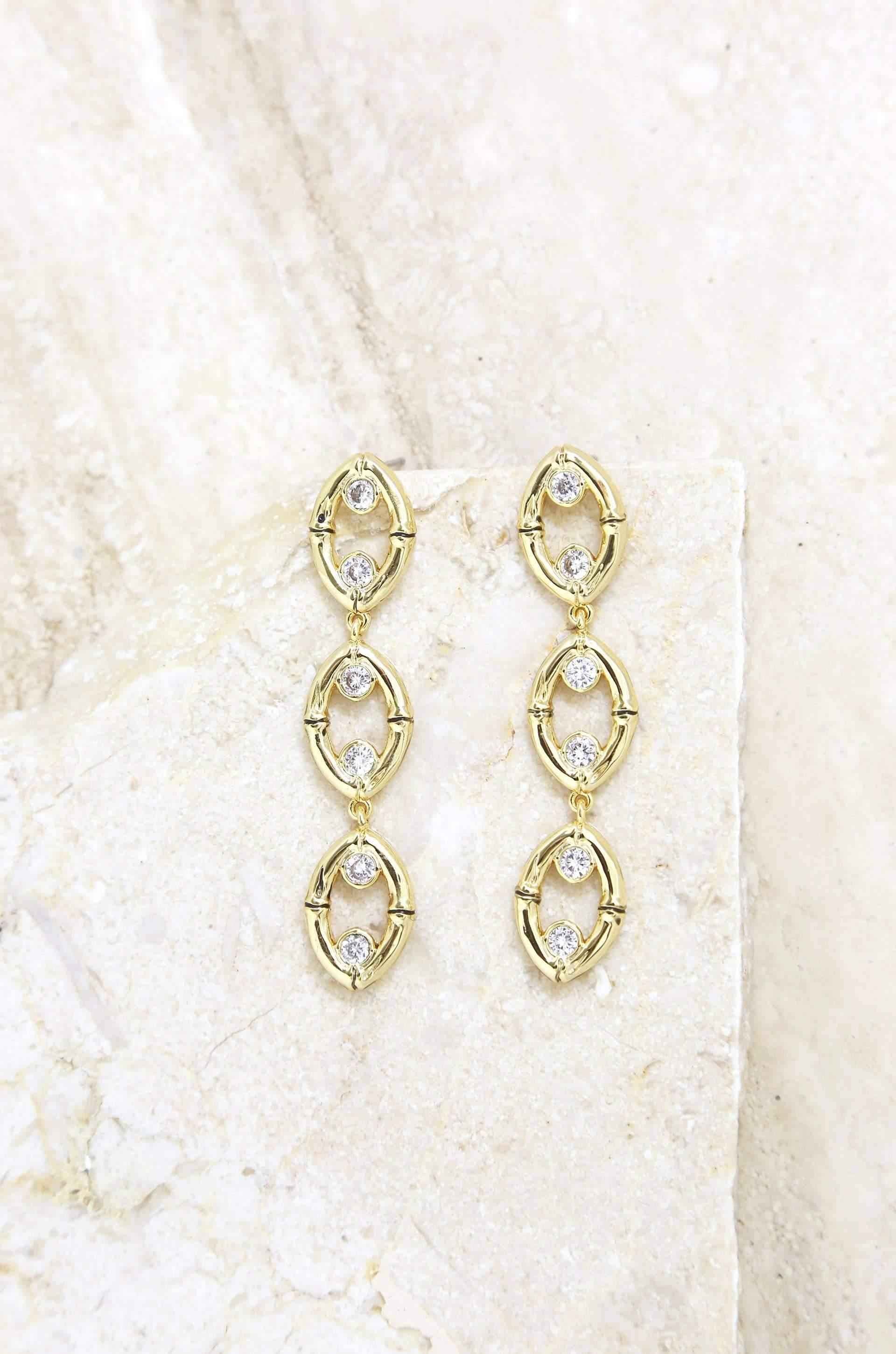 Crystal & Gold Bamboo Eyelet Drop Earrings