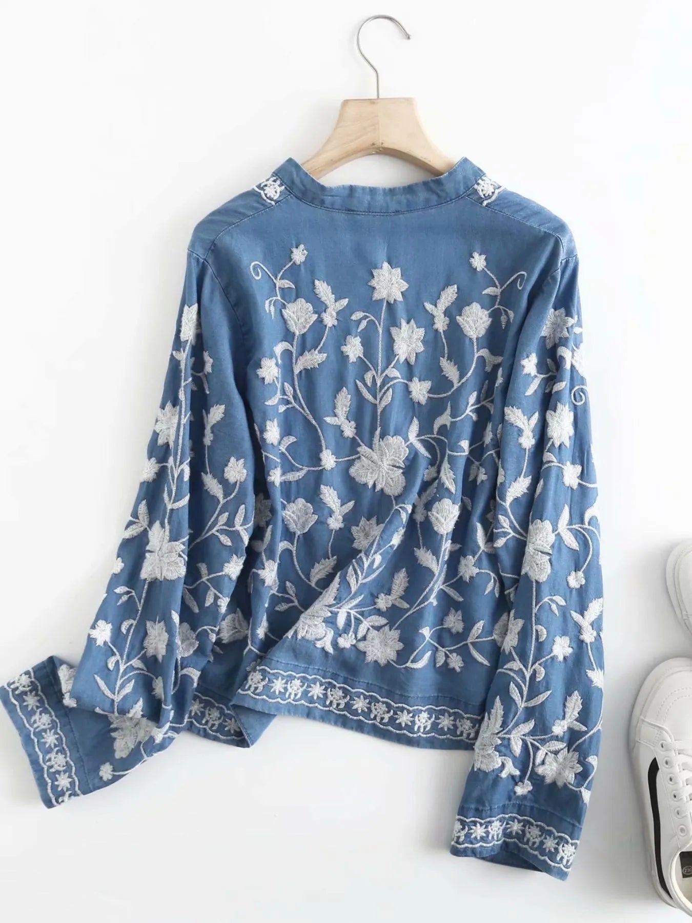 Blooming Blues Floral Embroidered Button Up Denim Shirt - Sorelle Gifts