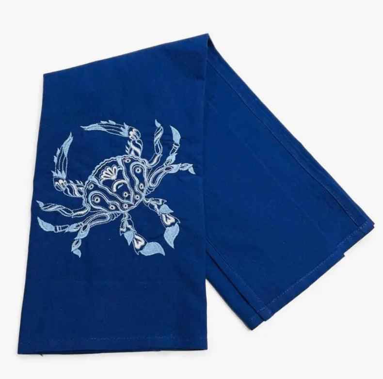 Embroidered Chinoiserie Coastal Crab Tea Towel in Blue