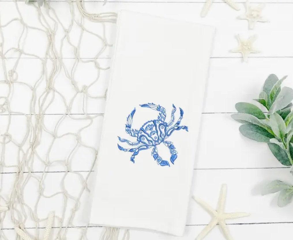 Embroidered Chinoiserie Inspired Coastal Crab Tea Towel