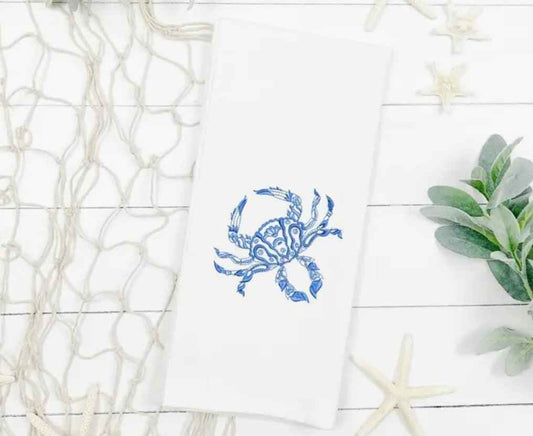 Embroidered Chinoiserie Coastal Crab Tea Towel for Coastal Decor