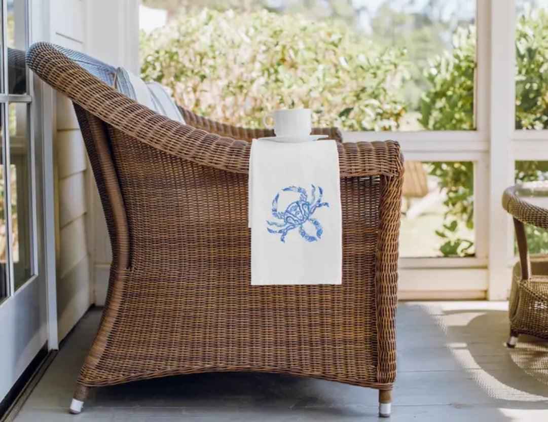 Embroidered Chinoiserie Coastal Crab Tea Towel for Coastal Decor
