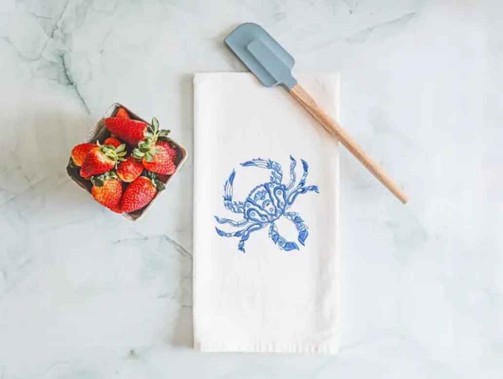 Embroidered Chinoiserie Coastal Crab Tea Towel for Coastal Decor