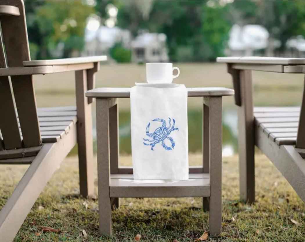 Embroidered Chinoiserie Coastal Crab Tea Towel for Coastal Decor