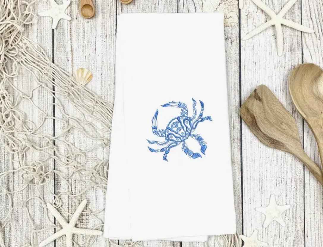 Embroidered Chinoiserie Coastal Crab Tea Towel for Coastal Decor