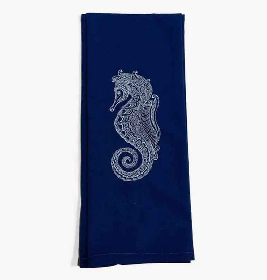 Embroidered Chinoiserie Coastal Seahorse Tea Towel in Blue