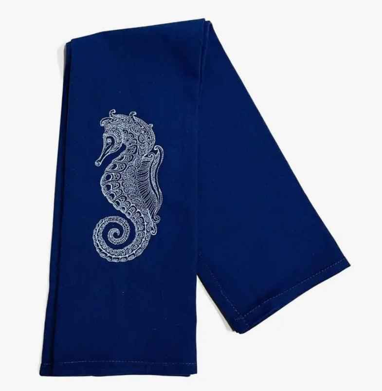 Embroidered Chinoiserie Coastal Seahorse Tea Towel in Blue
