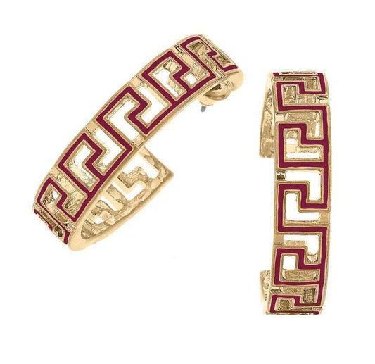 Game Day Greek Keys Enamel Hoop Earrings (multiple colors)