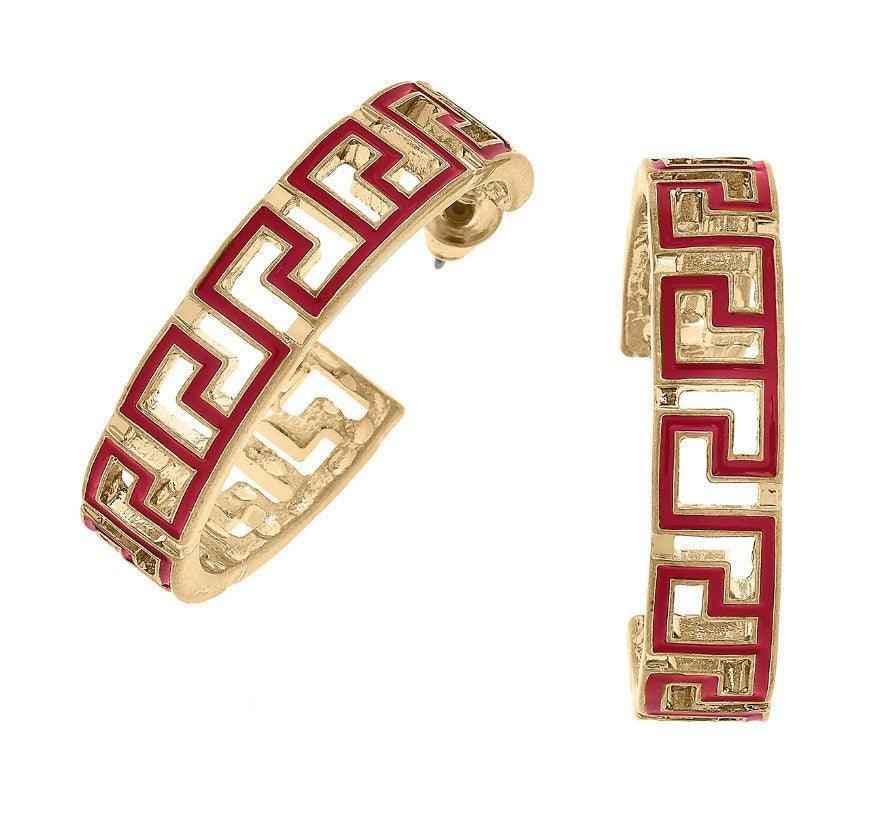 Game Day Greek Keys Enamel Hoop Earrings (multiple colors)