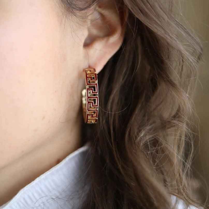 Game Day Greek Keys Enamel Hoop Earrings (multiple colors)