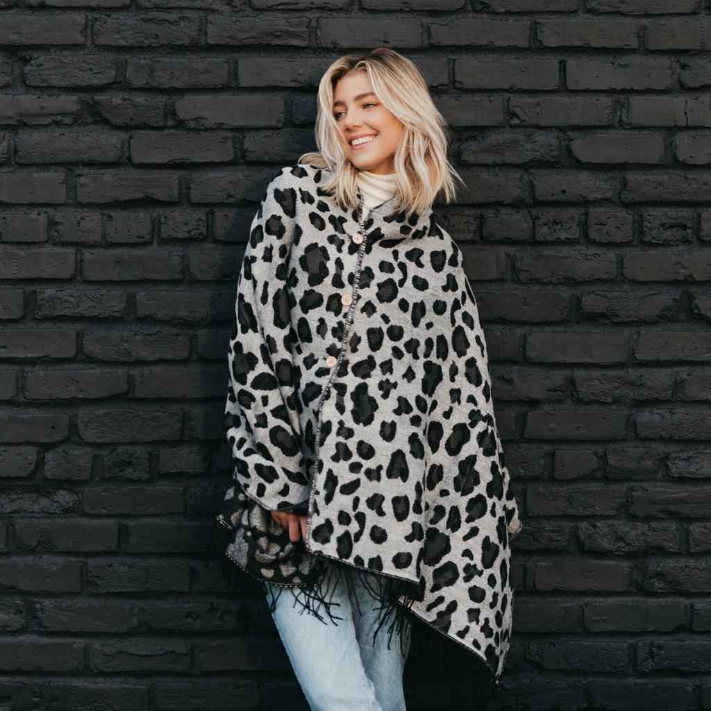 Grey Leopard Scarf Wrap - Convertible Button Design for Versatile Style