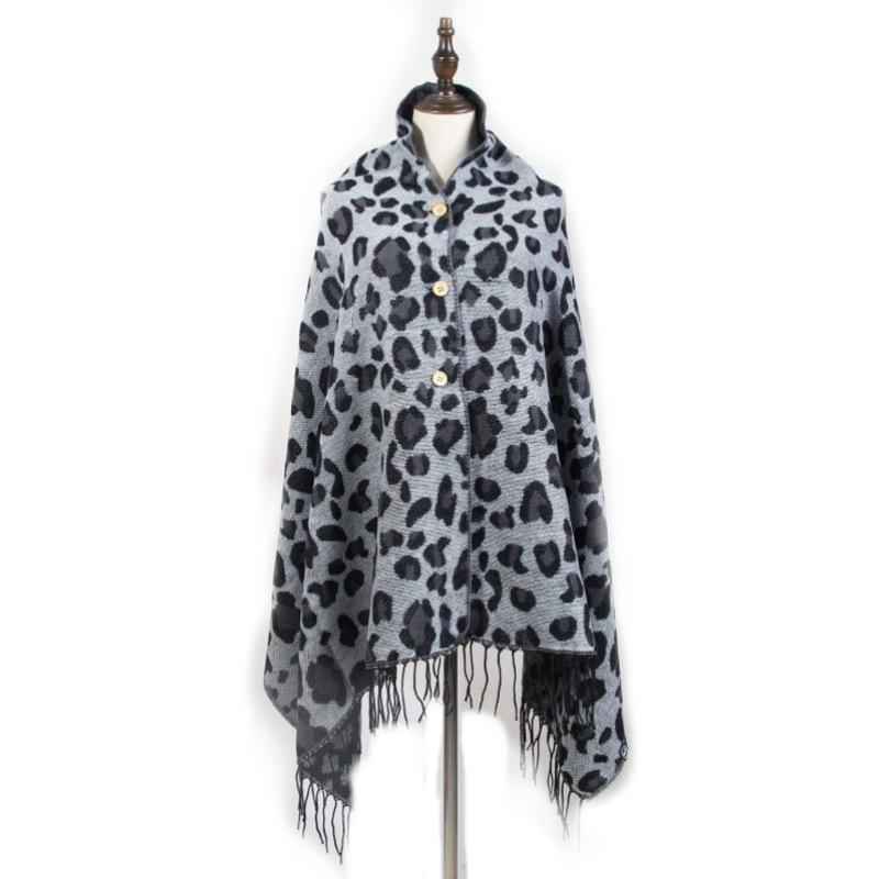 Grey Leopard Scarf Wrap - Convertible Button Design for Versatile Style