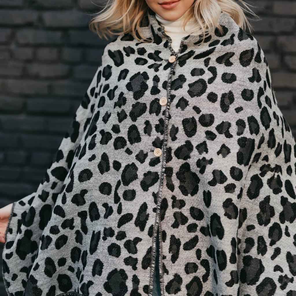 Grey Leopard Scarf Wrap - Convertible Button Design for Versatile Style