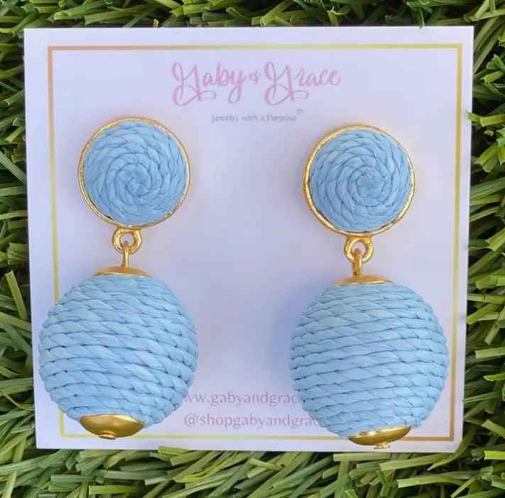 Raffia Lantern Pom Earrings - Light Blue