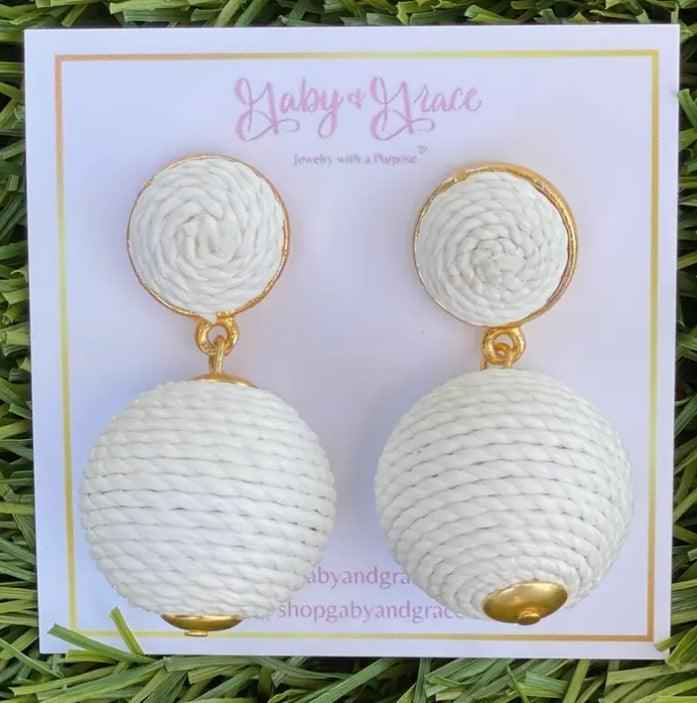 Raffia Lantern Pom Earrings - White