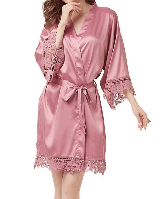 Satin Robe with Lace Trim - multiple colors - Sorelle Gifts