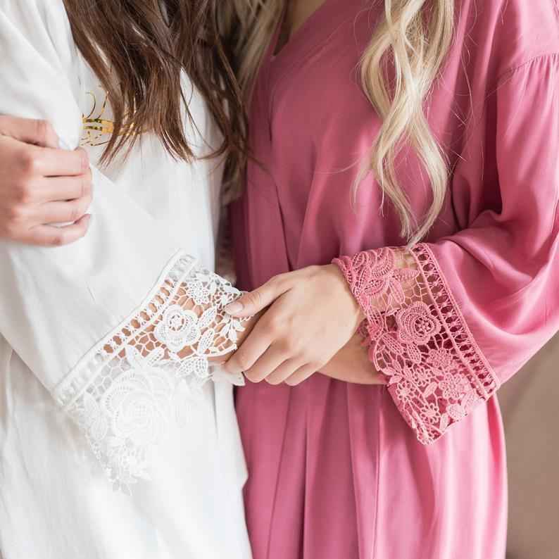 Satin Robe with Lace Trim - multiple colors