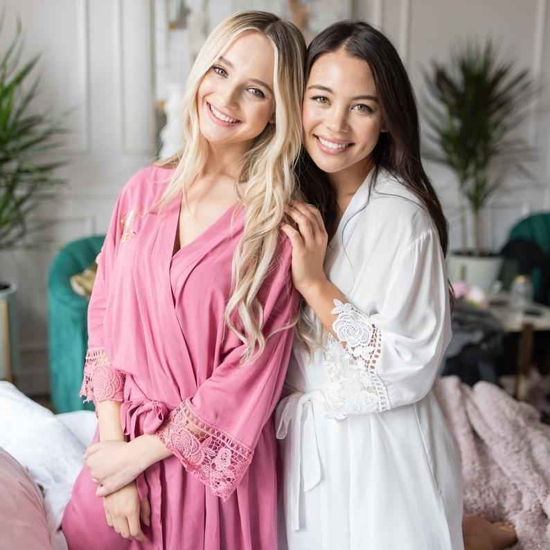 Satin Robe with Lace Trim - multiple colors