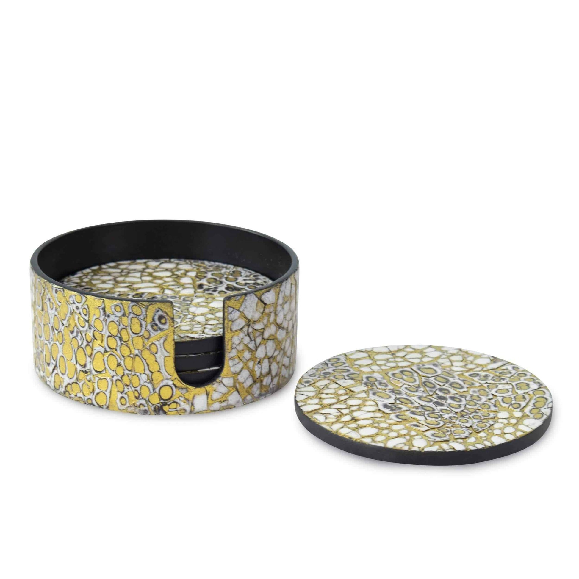 Set of 6 Gold Snake Print Coasters with Holder