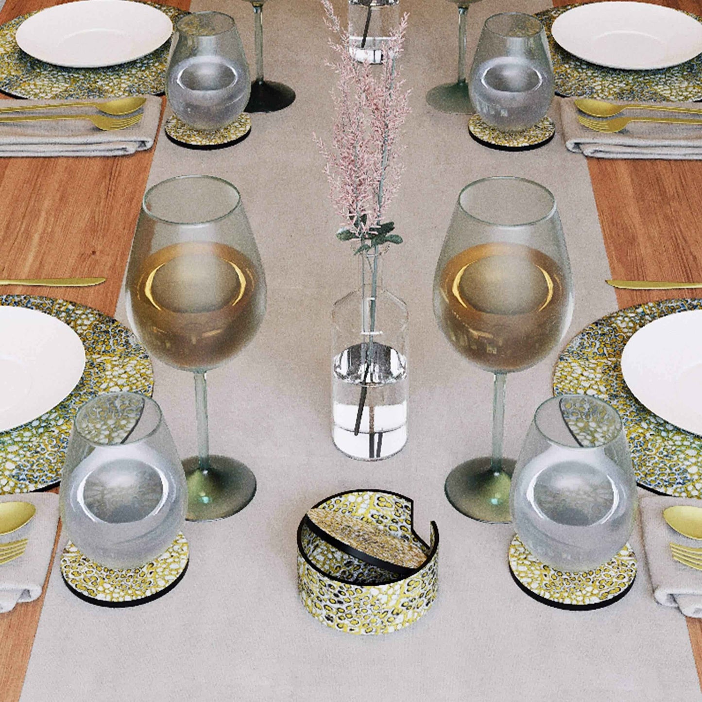 Set of 6 Gold Snake Print Coasters with Holder