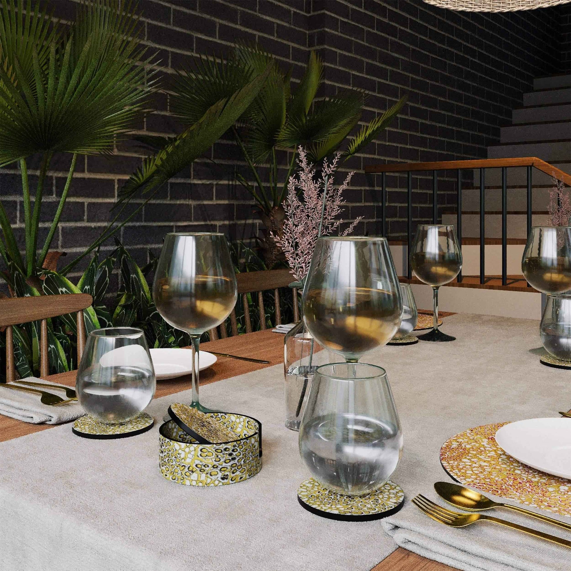 Set of 6 Gold Snake Print Coasters with Holder