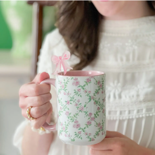 Primrose Trellis 15oz Tall Watercolor Mug - Elegant Floral Design for Every Sip