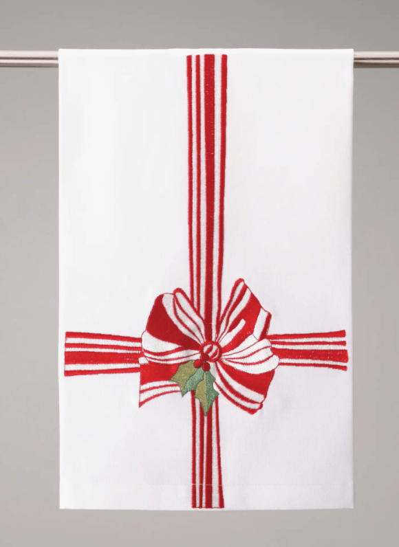 Embroidered Red Ribbon Holiday Kitchen Towel