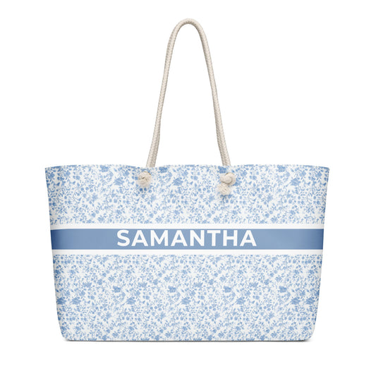 Heirloom Collection Blue Toile Personalized Weekender Bag, part of the Back-to-Campus Gift Guide
