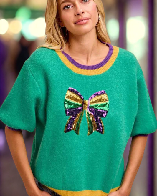 Mardi Gras Sequin Ribbon Patched Sweater