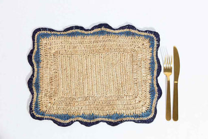 Garden Party placemats with Blue Edges, Handmade Woven Rectangular Table Mats, Natural raffia boho Placemat for Dining Table