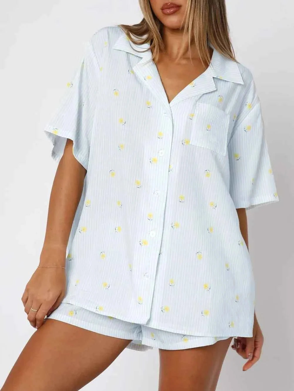 Love Notes Collared Neck Short Sleeve Top and Shorts Pajama Set
