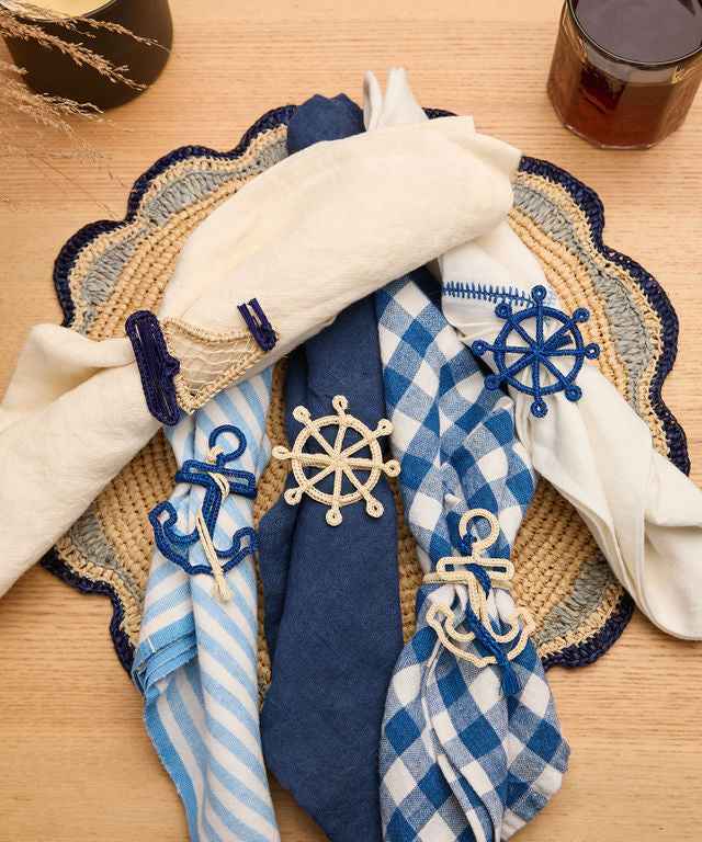 Nautical Anchor Napkin Rings – Coastal Table Decor, Handmade Raffia Napkin Holders, Set of 4 Blue and White Anchor Rings, Ocean Party Decor