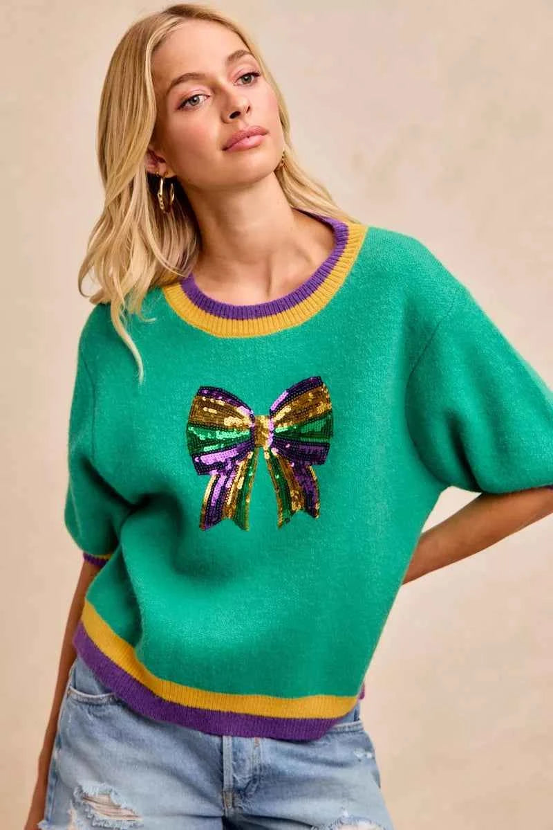 BiBi Mardi Gras Sequin Ribbon Patched Sweater